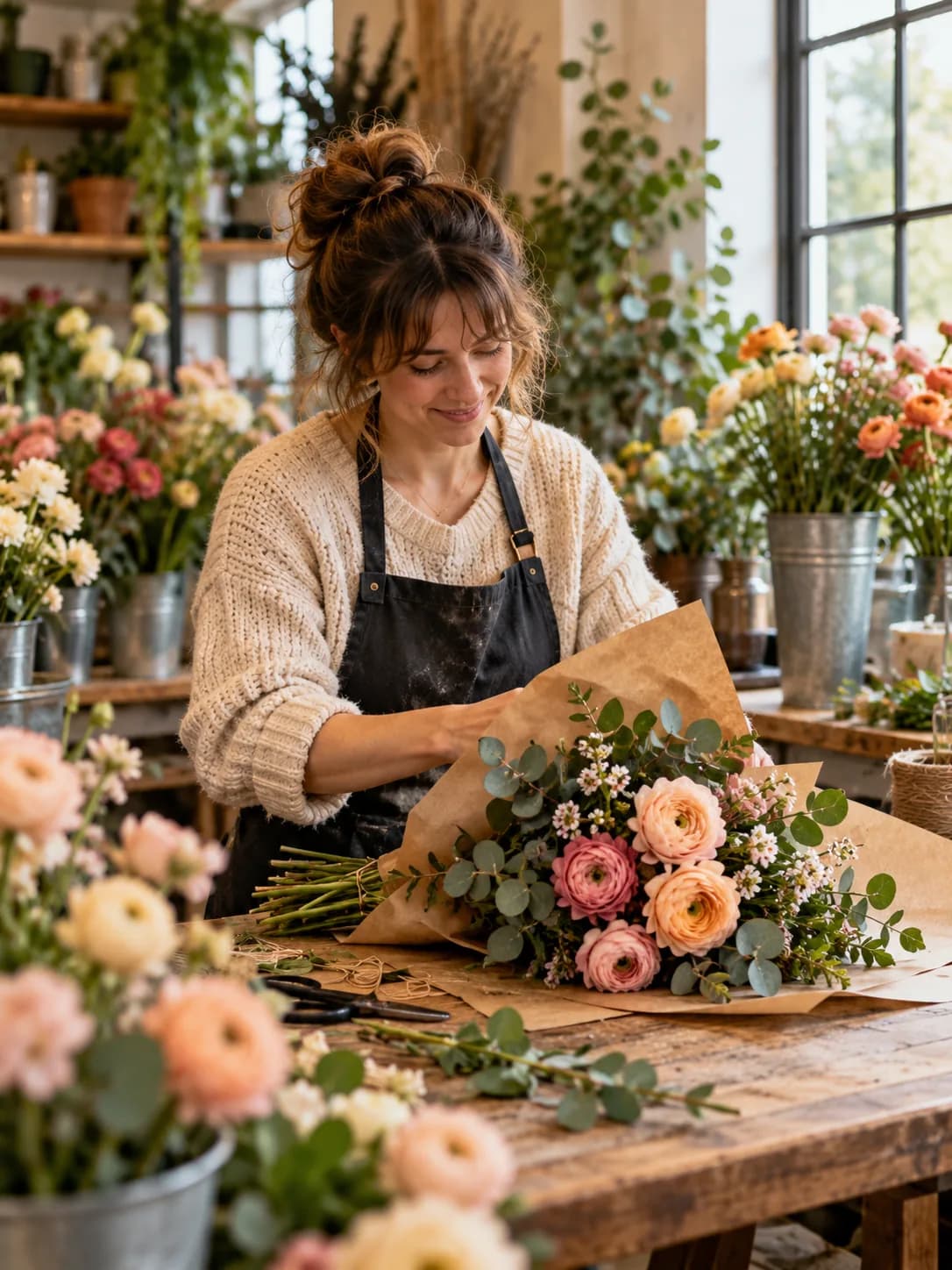 A florist wrapping a bouquet of roses in brown paper