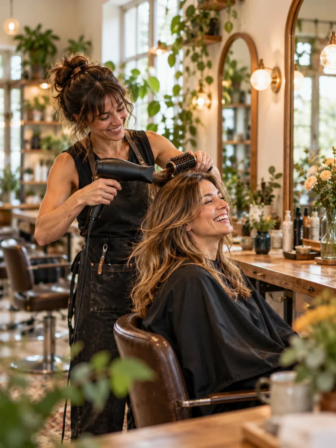 A hairdresser laughing with a client as she blow-dries her hair