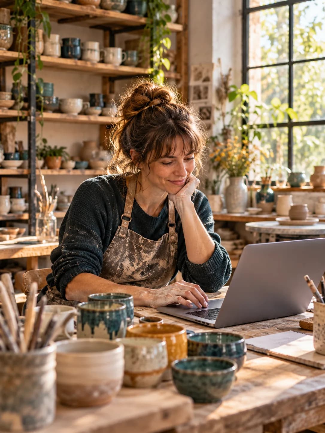 A potter checking her laptop among glazed bowls in her studio
