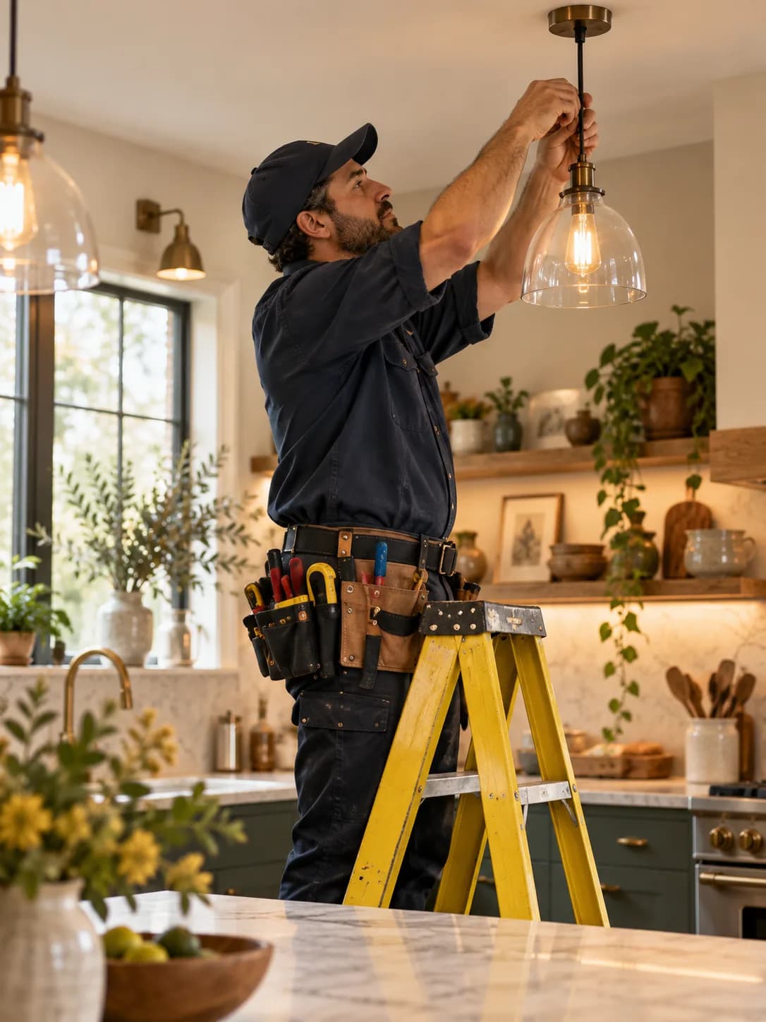 An electrician on a stepladder fitting a pendant light