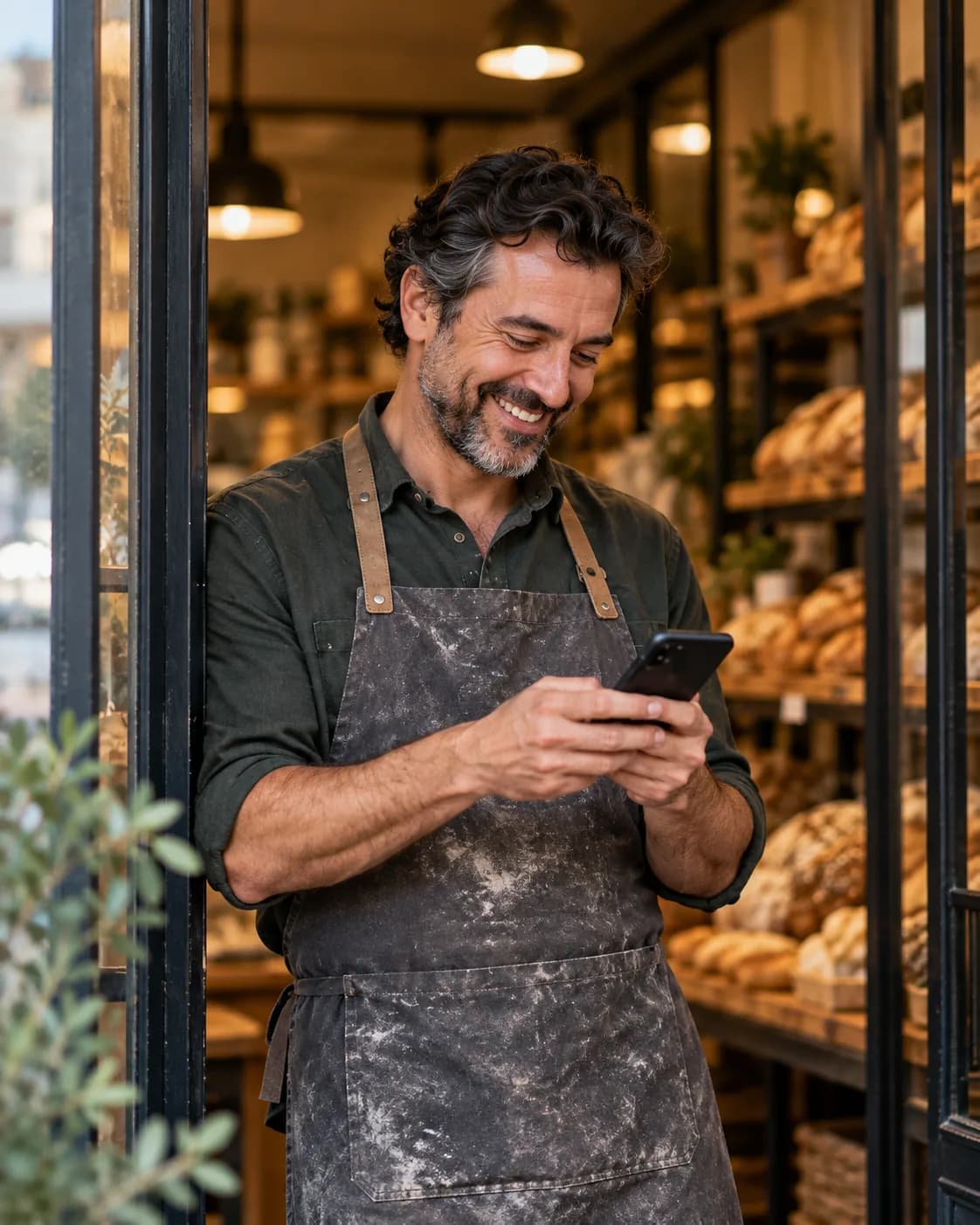 A smiling bakery owner in a floury apron checking his phone in the shop doorway